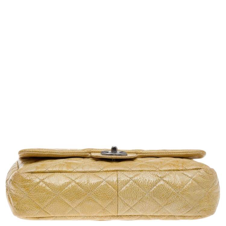 Pre Owned Chanel Yellow Crinkled Quilted Patent Leather Jumbo Single Flap Bag