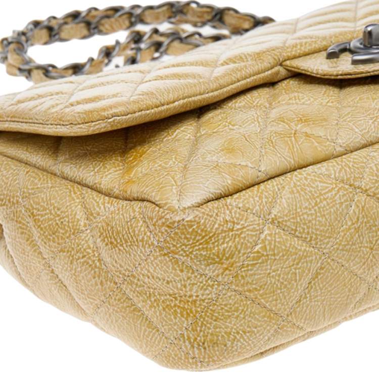 Pre Owned Chanel Yellow Crinkled Quilted Patent Leather Jumbo Single Flap Bag