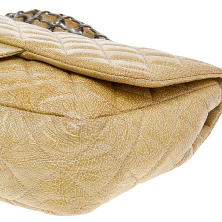 Pre Owned Chanel Yellow Crinkled Quilted Patent Leather Jumbo Single Flap Bag