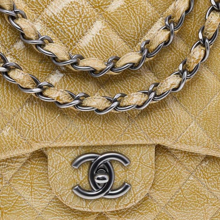 Pre Owned Chanel Yellow Crinkled Quilted Patent Leather Jumbo Single Flap Bag
