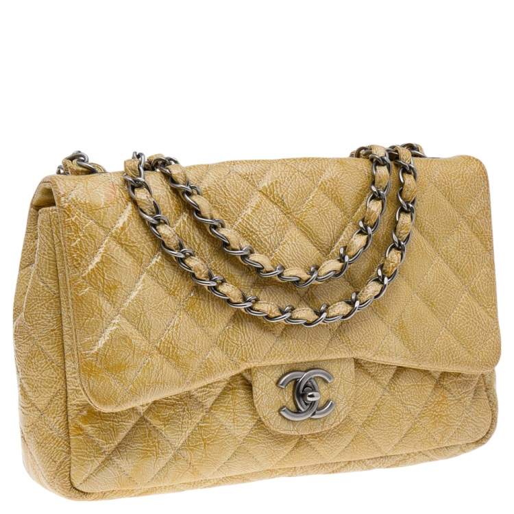 Pre Owned Chanel Yellow Crinkled Quilted Patent Leather Jumbo Single Flap Bag