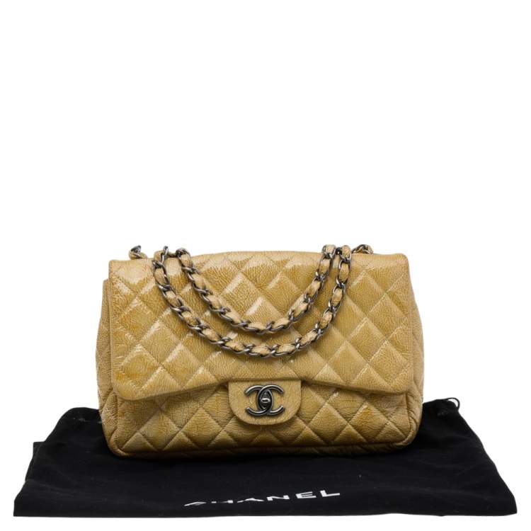 Pre Owned Chanel Yellow Crinkled Quilted Patent Leather Jumbo Single Flap Bag