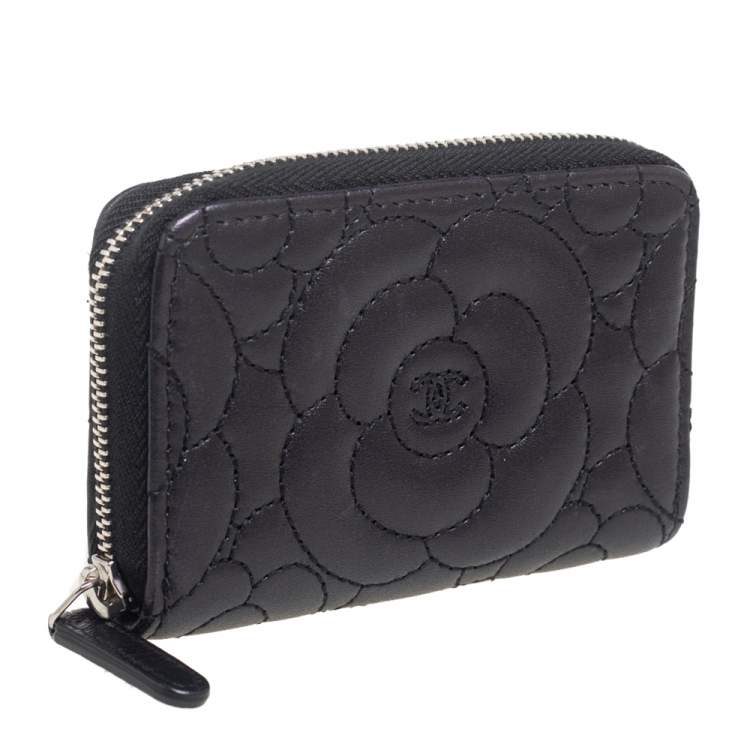 Pre Owned Chanel Black Leather Camellia Zip Around Coin Purse 