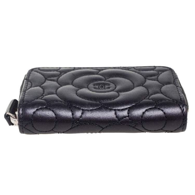 Pre Owned Chanel Black Leather Camellia Zip Around Coin Purse 