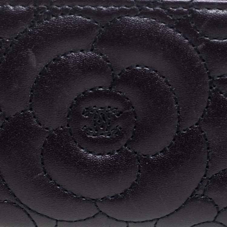 Pre Owned Chanel Black Leather Camellia Zip Around Coin Purse 