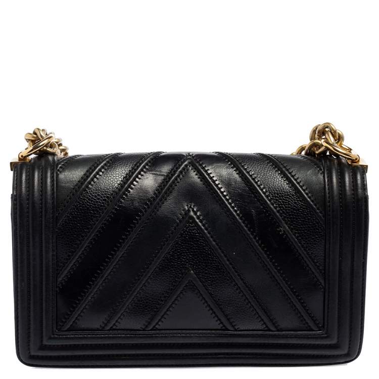 Pre Owned Chanel Black Chevron Caviar Leather Medium Boy Flap Bag