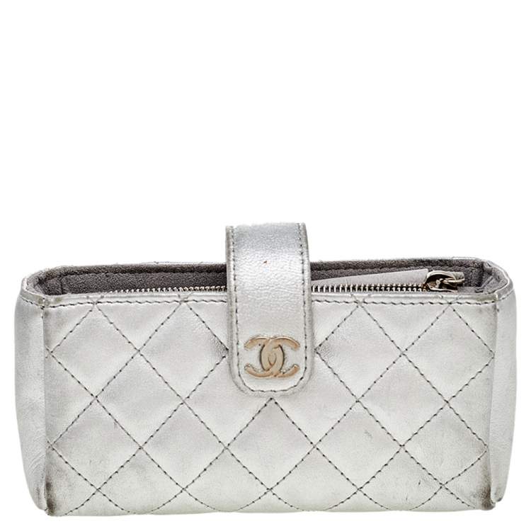 Chanel Metallic Silver Quilted Leather CC Phone Holder Clutch Chanel