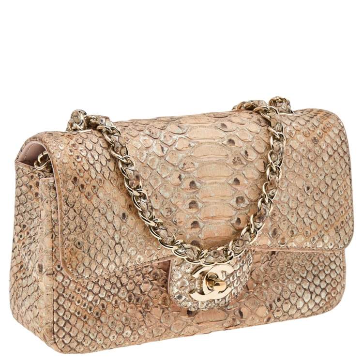 Pre Owned Chanel Beige/Gold Python New Mini Classic Single Flap Bag