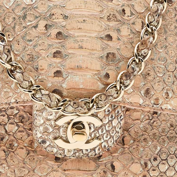 Pre Owned Chanel Beige/Gold Python New Mini Classic Single Flap Bag