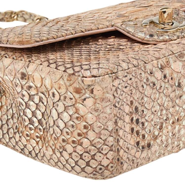 Pre Owned Chanel Beige/Gold Python New Mini Classic Single Flap Bag