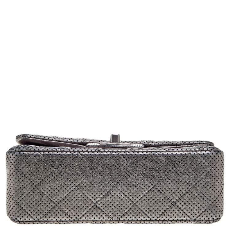 Pre Owned Chanel Metallic Grey Quilted Leather Perforated Classic Single Flap Bag