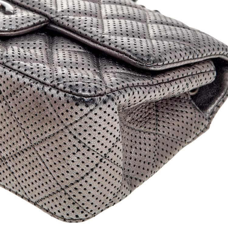Pre Owned Chanel Metallic Grey Quilted Leather Perforated Classic Single Flap Bag