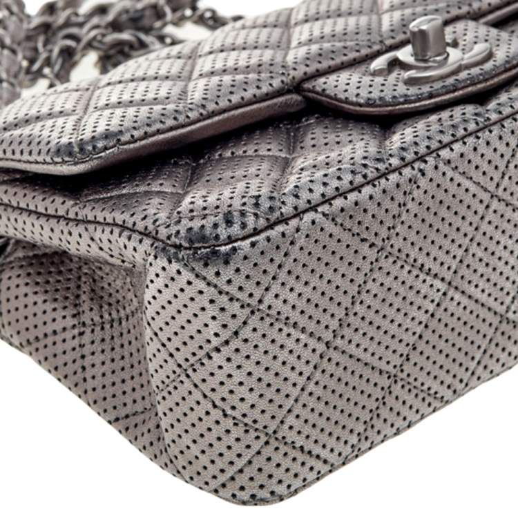 Pre Owned Chanel Metallic Grey Quilted Leather Perforated Classic Single Flap Bag