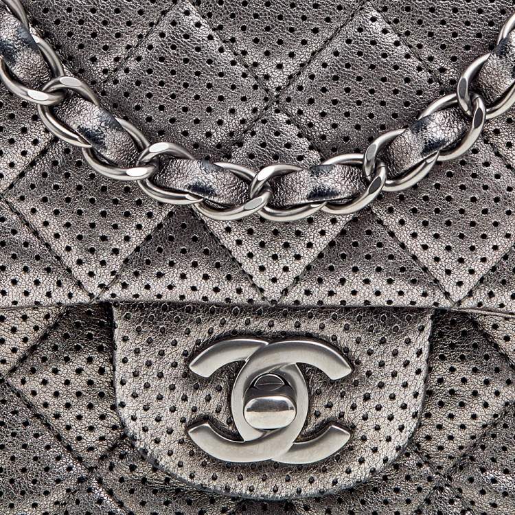 Pre Owned Chanel Metallic Grey Quilted Leather Perforated Classic Single Flap Bag