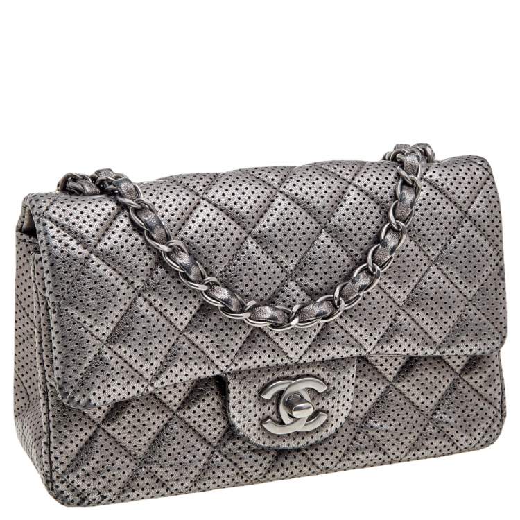 Pre Owned Chanel Metallic Grey Quilted Leather Perforated Classic Single Flap Bag