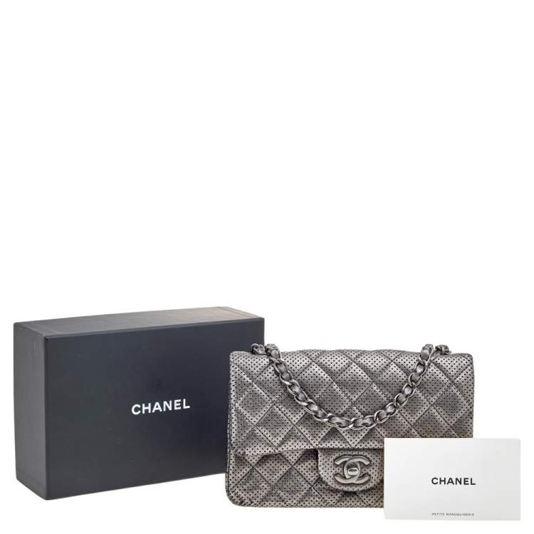 Pre Owned Chanel Metallic Grey Quilted Leather Perforated Classic Single Flap Bag