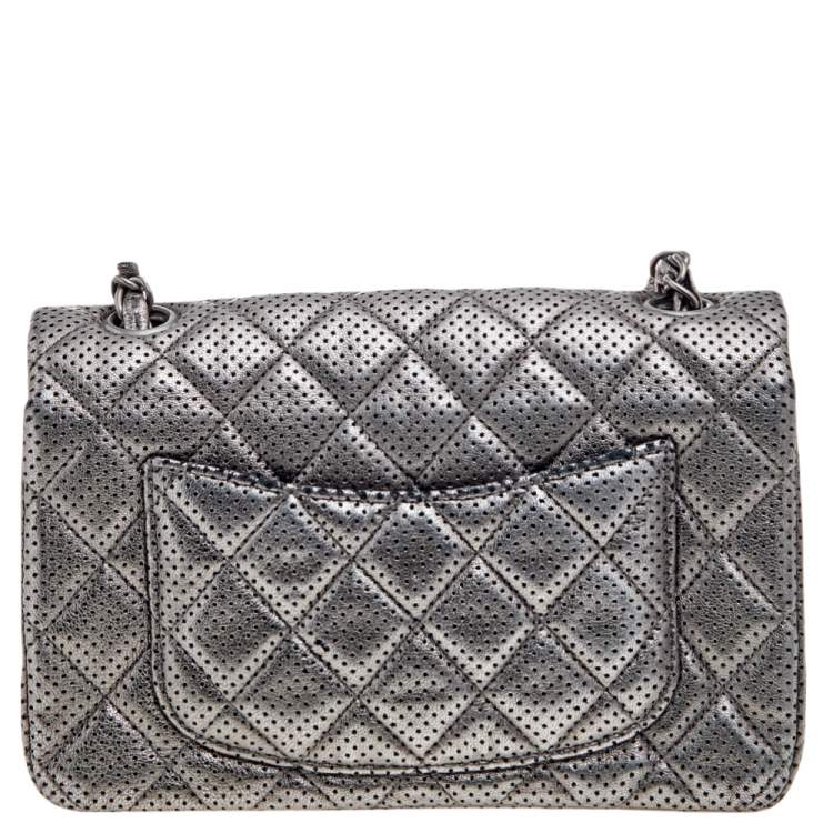 Pre Owned Chanel Metallic Grey Quilted Leather Perforated Classic Single Flap Bag