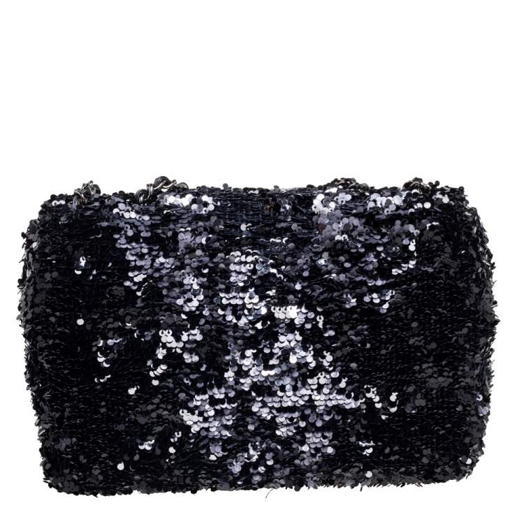 Pre Owned Chanel Black/Silver Sequins Small Classic Single Flap Bag