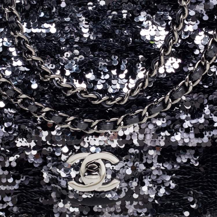 Pre Owned Chanel Black/Silver Sequins Small Classic Single Flap Bag