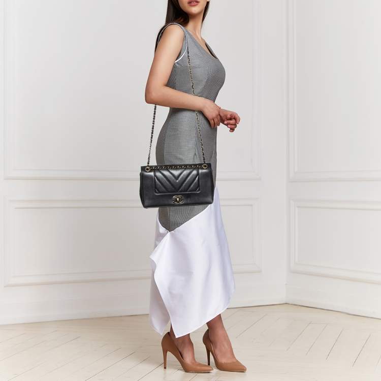 Chanel Black Lambskin Leather Mademoiselle Envelope Clutch Bag
