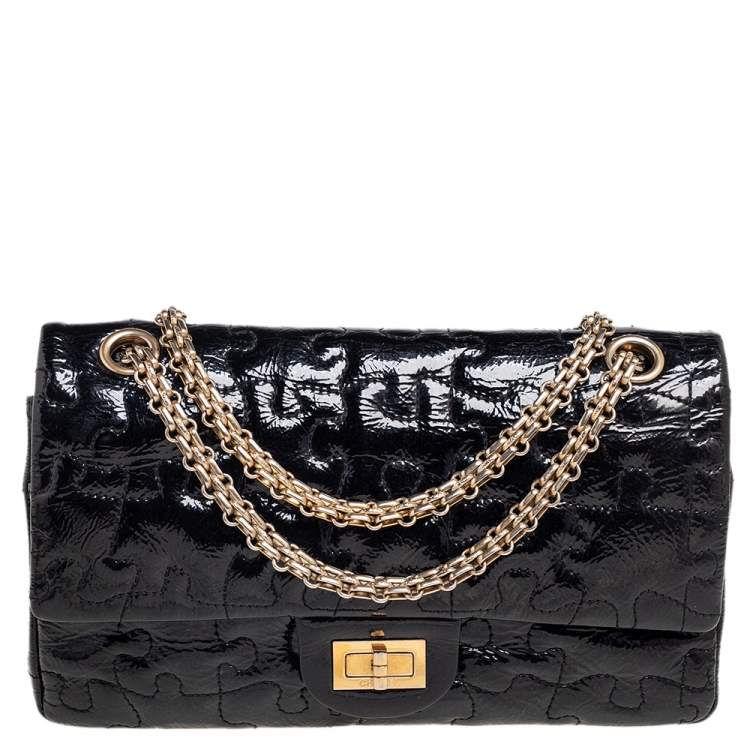 CHANEL Vintage Black Quilted Patent Leather Square Flap Bag XL