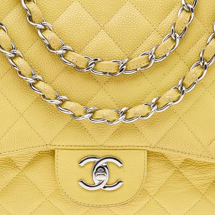 Pre Owned Chanel Yellow Quilted Caviar Leather Jumbo Classic Single Flap Bag