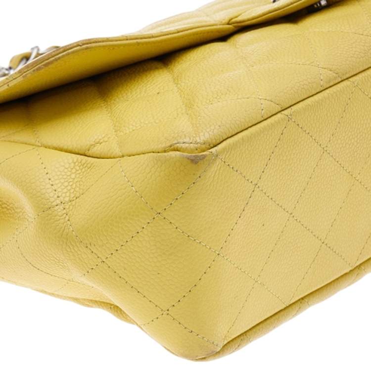 Pre Owned Chanel Yellow Quilted Caviar Leather Jumbo Classic Single Flap Bag