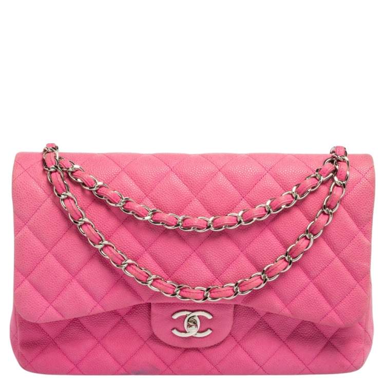 Pre Owned Chanel Pink Quilted Caviar Leather Jumbo Classic Double Flap Bag
