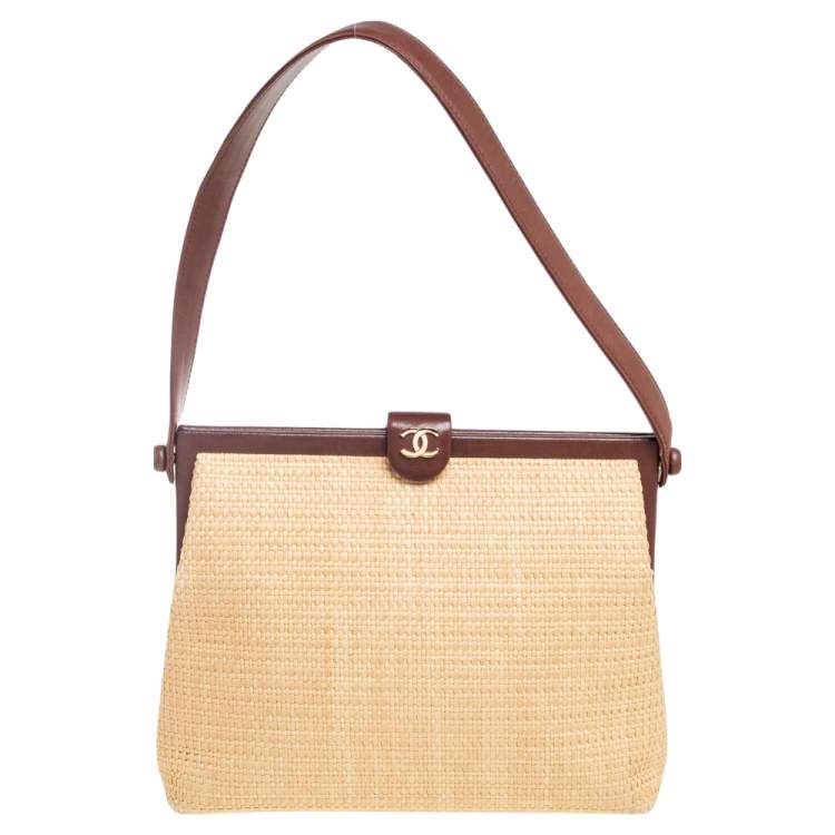 Chanel Brown/Cream Woven Raffia and Leather CC Frame Top Handle Bag Chanel  | The Luxury Closet