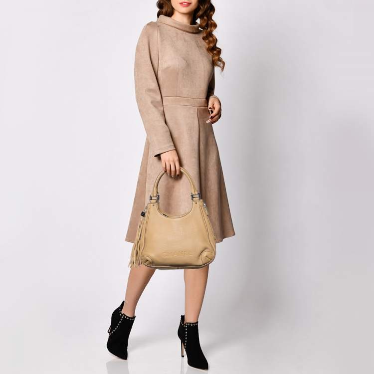 Pre Owned Chanel Beige Grained Leather Tassel Hobo