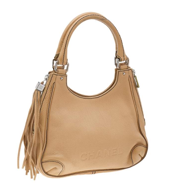 Pre Owned Chanel Beige Grained Leather Tassel Hobo