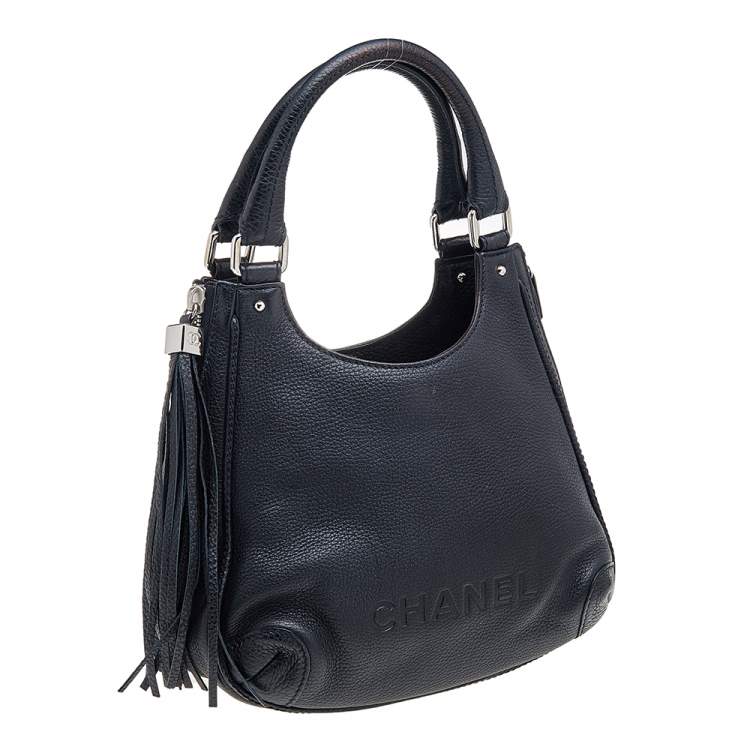 Pre Owned Chanel Black Grained Leather Tassel Hobo