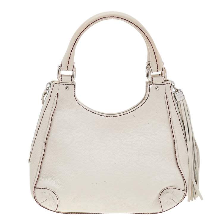 Pre Owned Chanel Off White Grained Leather Tassel Hobo