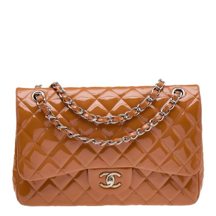 Chanel Orange Quilted Patent Leather Maxi Classic Double Flap Bag