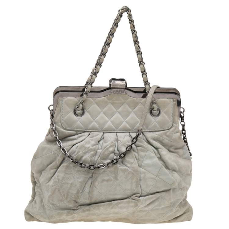 Chanel Light Grey Quilted Iridescent Calfskin Leather Chic Quilt Frame Bag