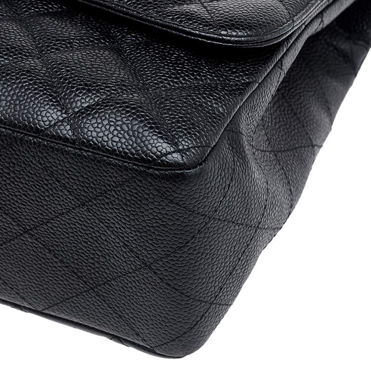 Pre Owned Chanel Black Quilted Caviar Leather Jumbo Classic Single Flap Bag