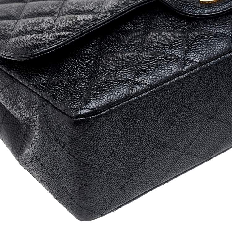 Pre Owned Chanel Black Quilted Caviar Leather Jumbo Classic Single Flap Bag