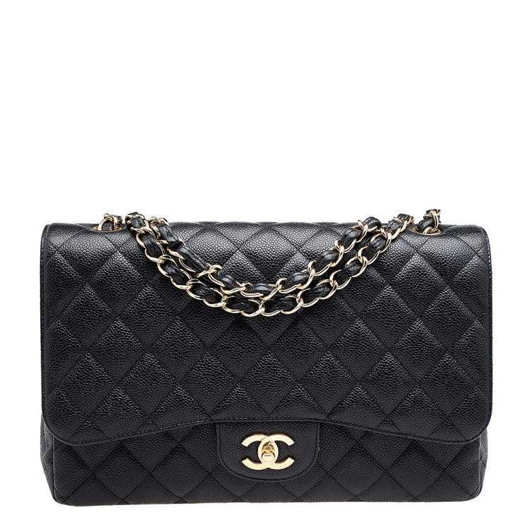 Pre Owned Chanel Black Quilted Caviar Leather Jumbo Classic Single Flap Bag