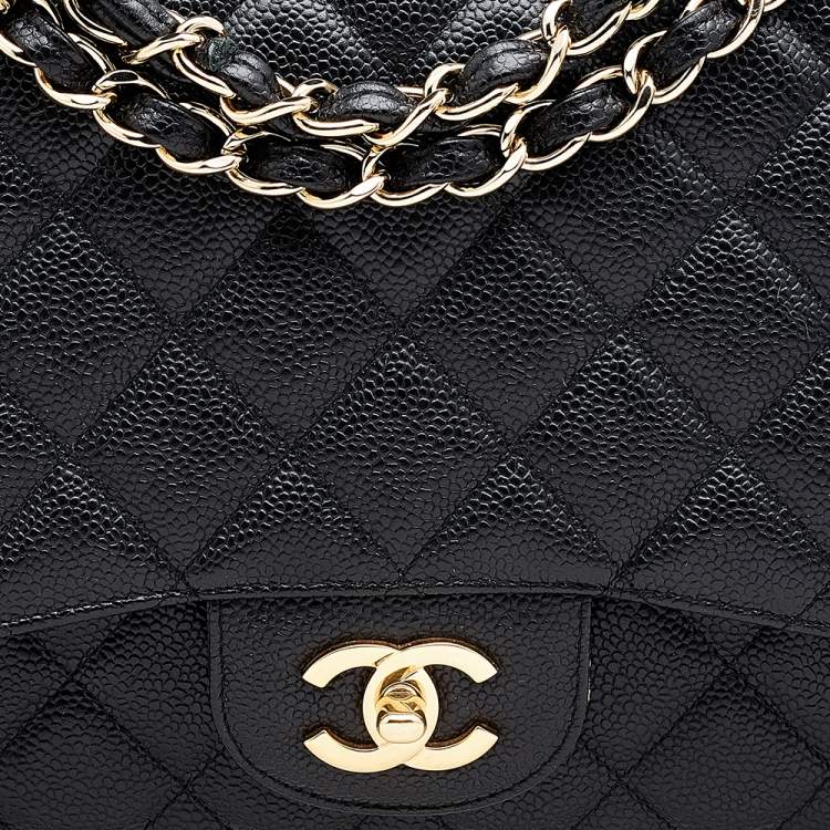 Pre Owned Chanel Black Quilted Caviar Leather Jumbo Classic Single Flap Bag