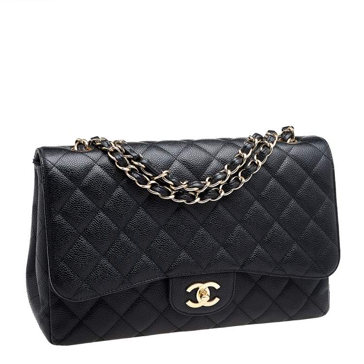 Pre Owned Chanel Black Quilted Caviar Leather Jumbo Classic Single Flap Bag