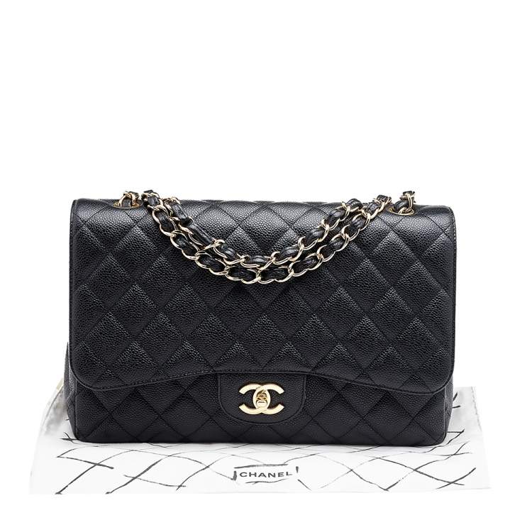 Pre Owned Chanel Black Quilted Caviar Leather Jumbo Classic Single Flap Bag