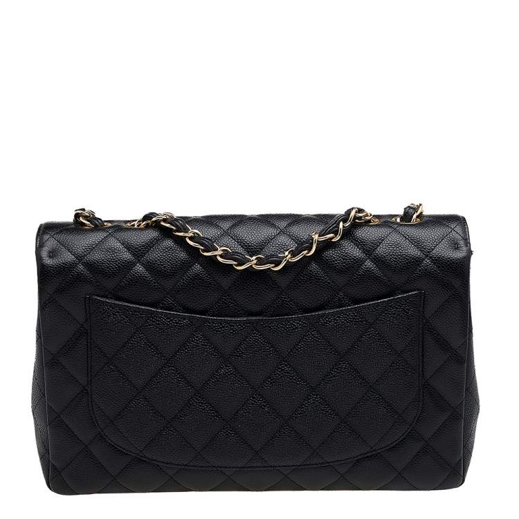 Pre Owned Chanel Black Quilted Caviar Leather Jumbo Classic Single Flap Bag