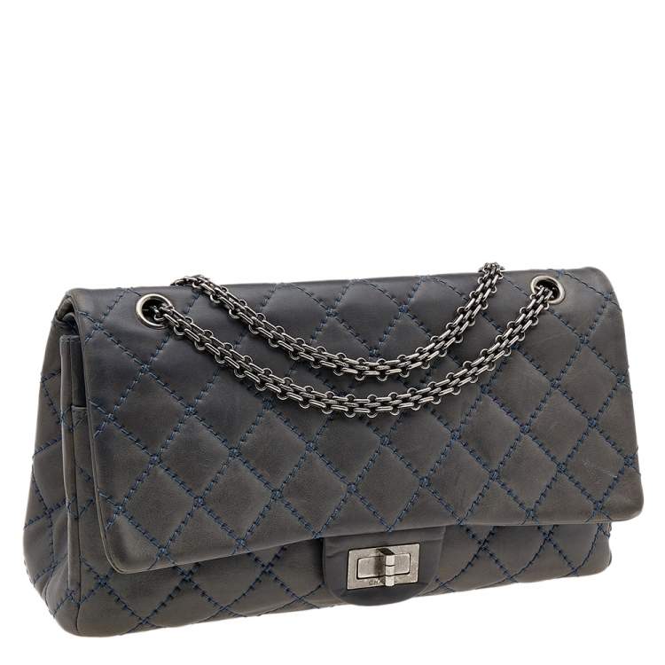 Pre Owned Chanel Blue Quilted Leather Wild Stitch Reissue 2.55 Classic 227 Double Flap Bag