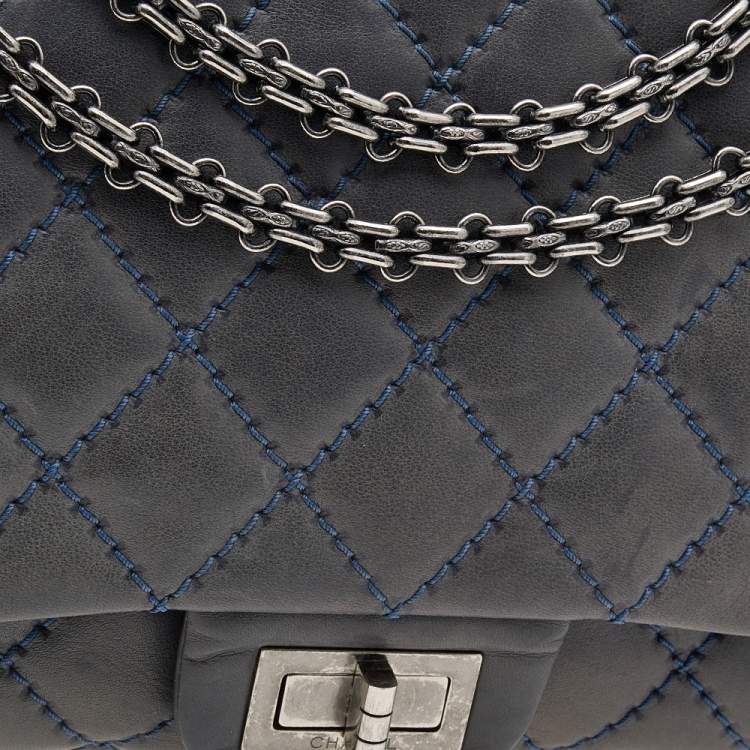 Pre Owned Chanel Blue Quilted Leather Wild Stitch Reissue 2.55 Classic 227 Double Flap Bag