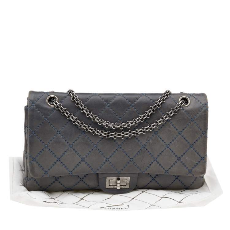 Pre Owned Chanel Blue Quilted Leather Wild Stitch Reissue 2.55 Classic 227 Double Flap Bag