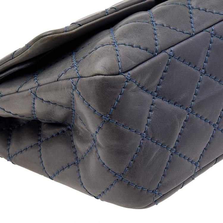 Pre Owned Chanel Blue Quilted Leather Wild Stitch Reissue 2.55 Classic 227 Double Flap Bag