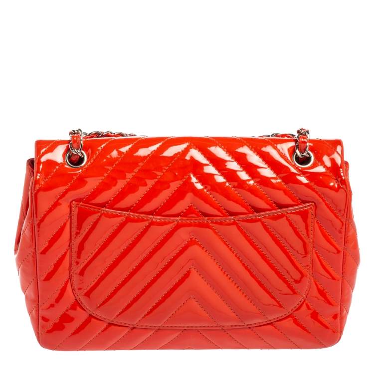 Pre Owned Chanel Orange Chevron Patent Leather Jumbo Classic Single Flap Bag