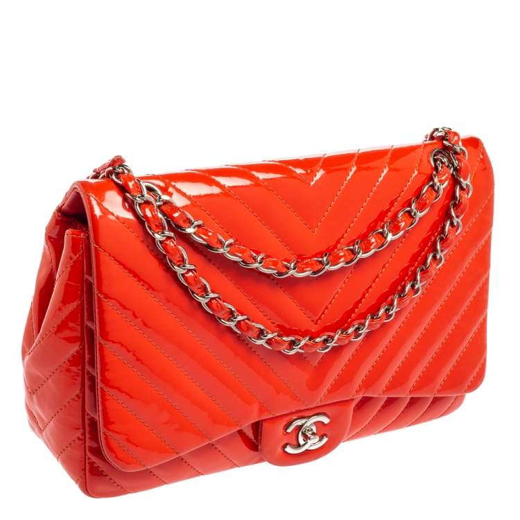 Pre Owned Chanel Orange Chevron Patent Leather Jumbo Classic Single Flap Bag