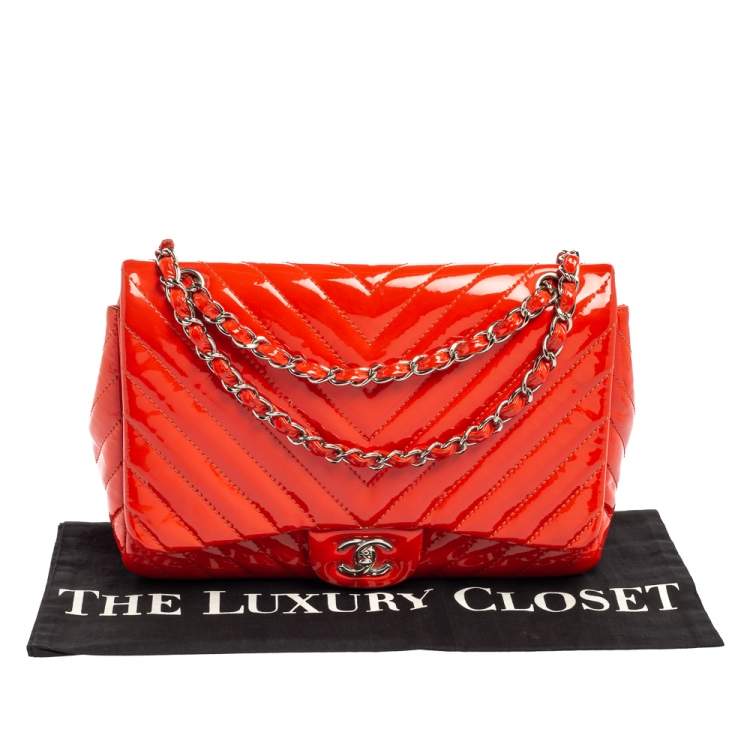 Pre Owned Chanel Orange Chevron Patent Leather Jumbo Classic Single Flap Bag