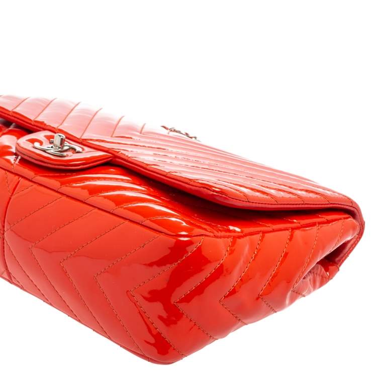 Pre Owned Chanel Orange Chevron Patent Leather Jumbo Classic Single Flap Bag